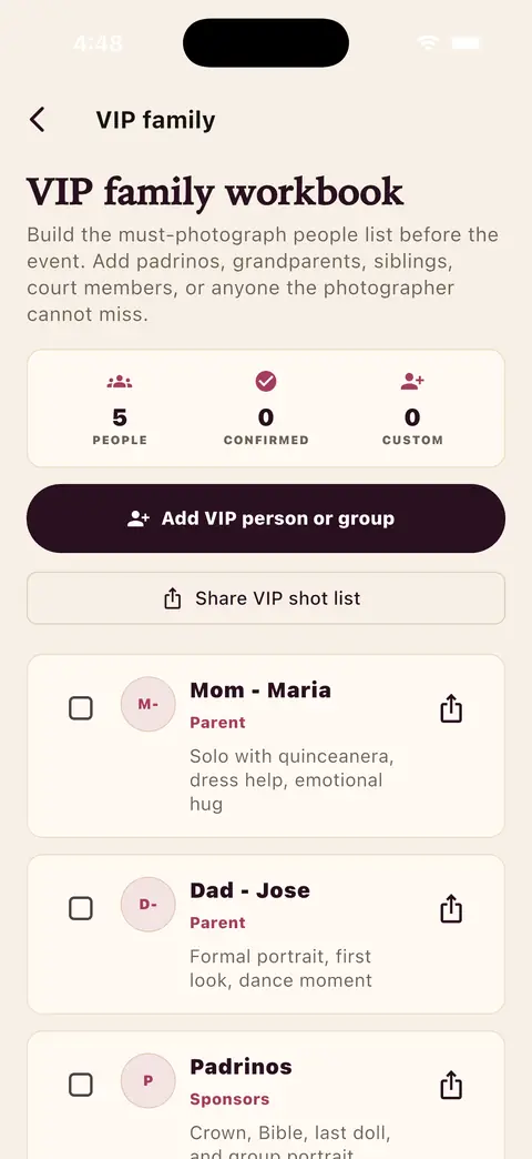 Referencia visual para lista familiar VIP