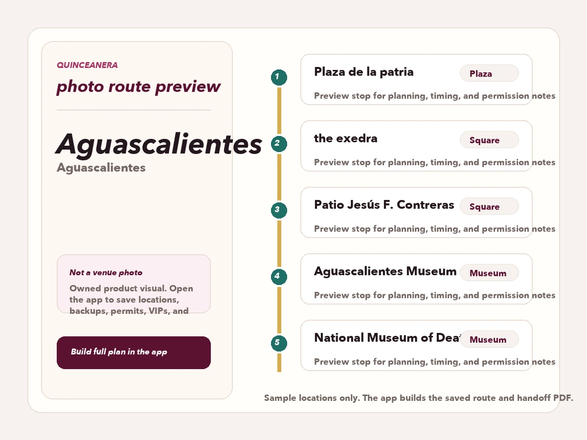 Route preview for quinceañera photo locations in Aguascalientes