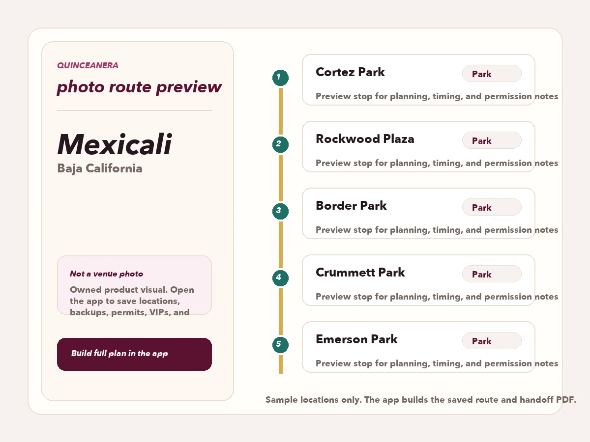 Route preview for quinceañera photo locations in Mexicali