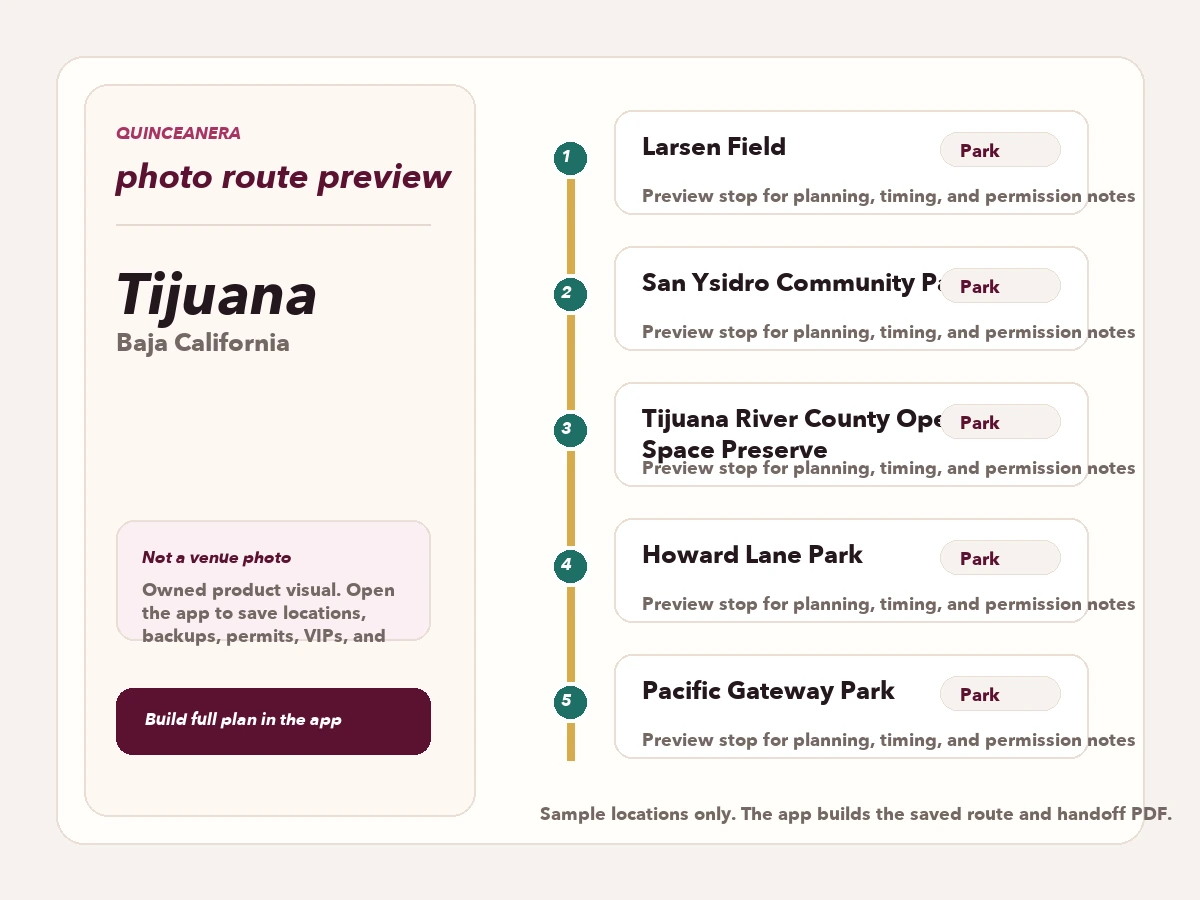 Route preview for quinceañera photo locations in Tijuana