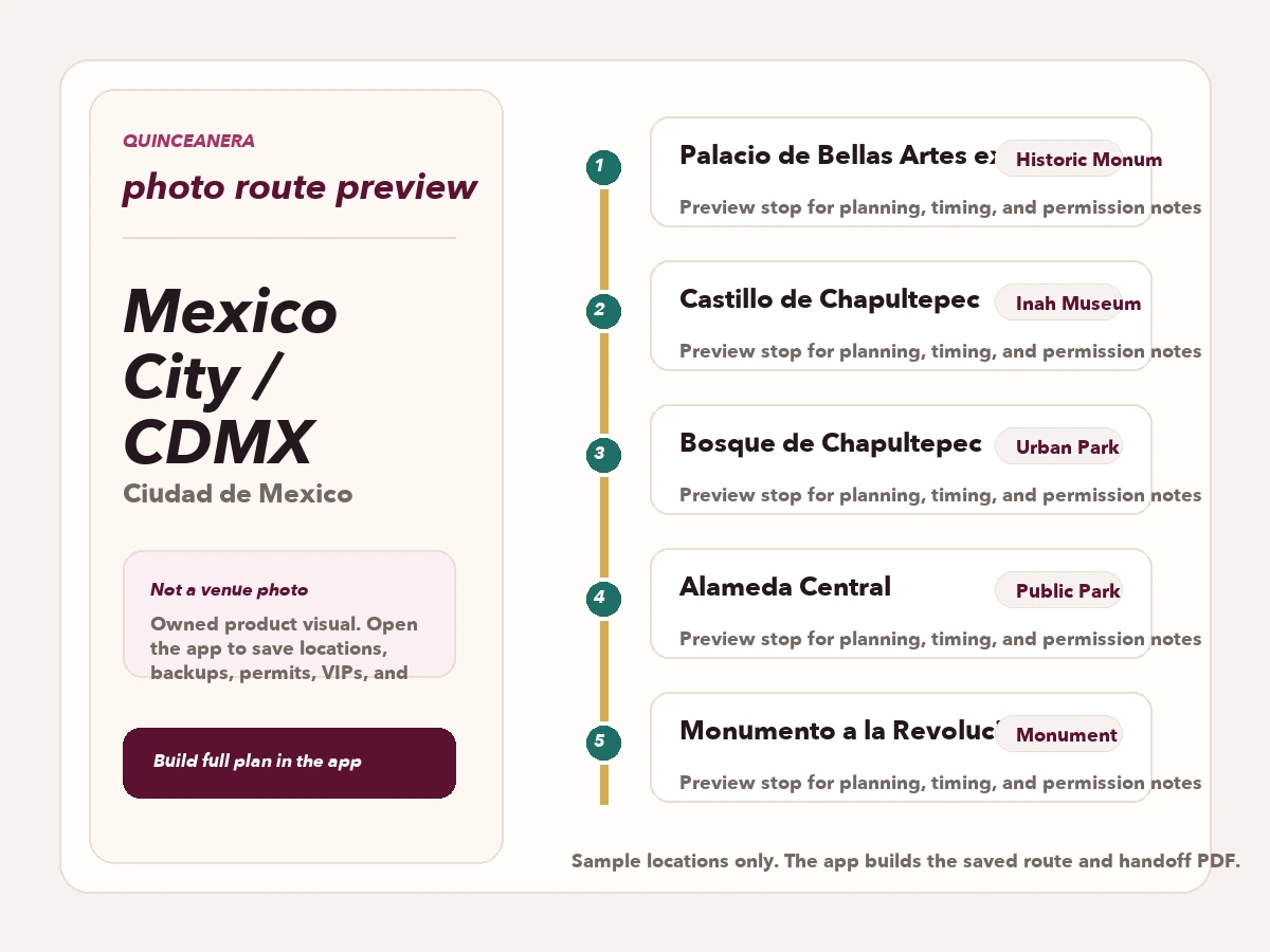 Route preview for quinceañera photo locations in Mexico City / CDMX