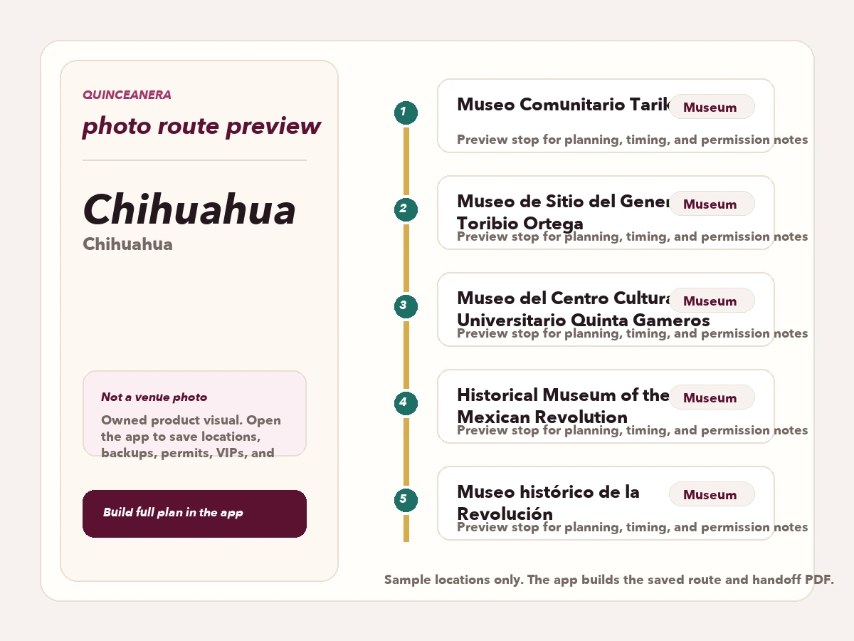Route preview for quinceañera photo locations in Chihuahua