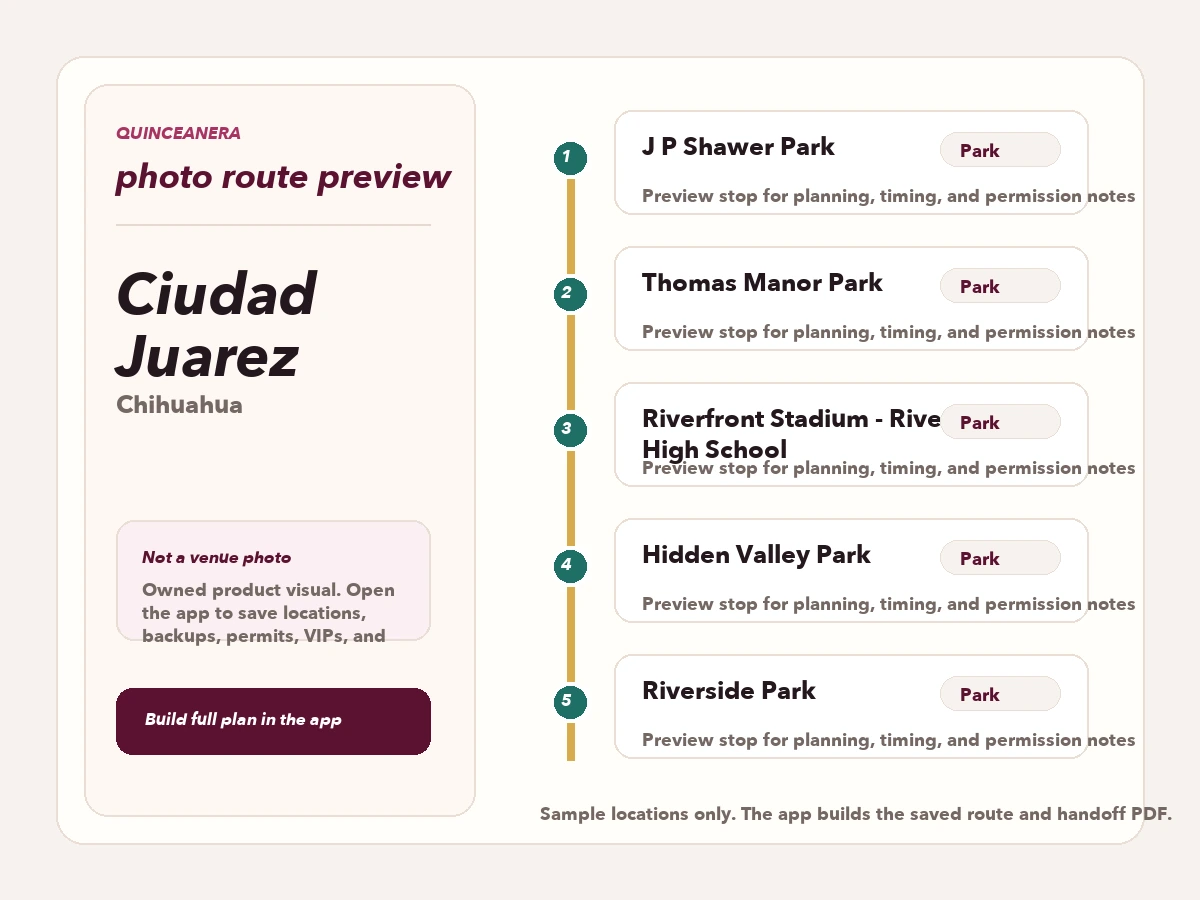 Route preview for quinceañera photo locations in Ciudad Juarez