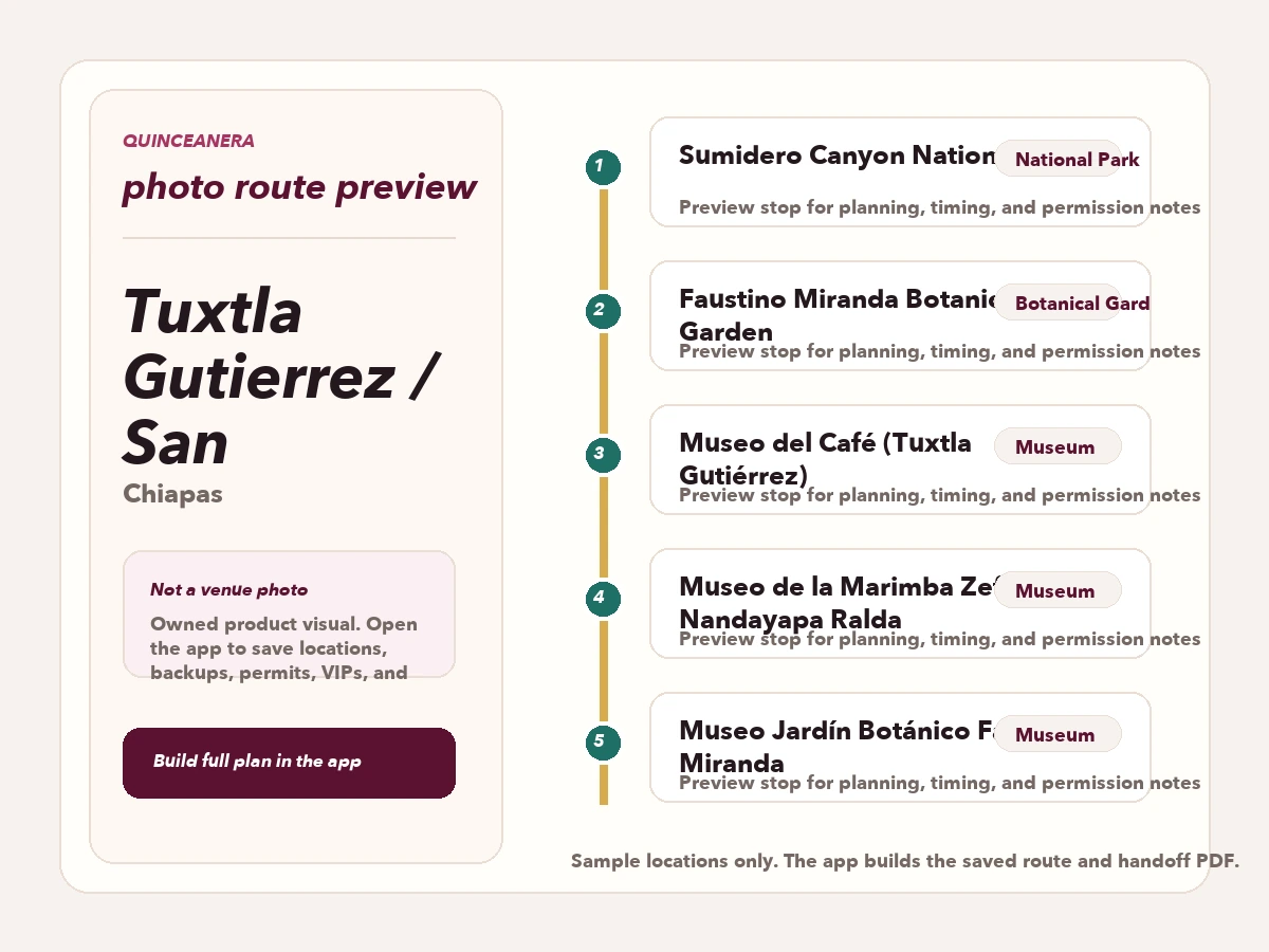 Route preview for quinceañera photo locations in Tuxtla Gutierrez / San Cristobal
