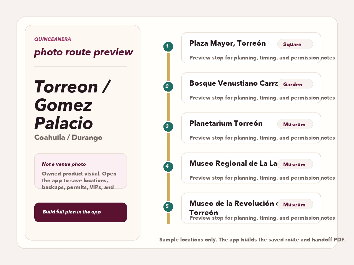Route preview for quinceañera photo locations in Torreon / Gomez Palacio