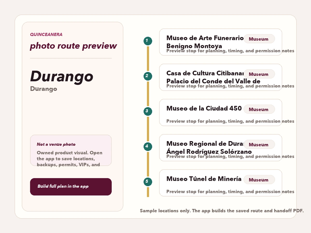 Route preview for quinceañera photo locations in Durango