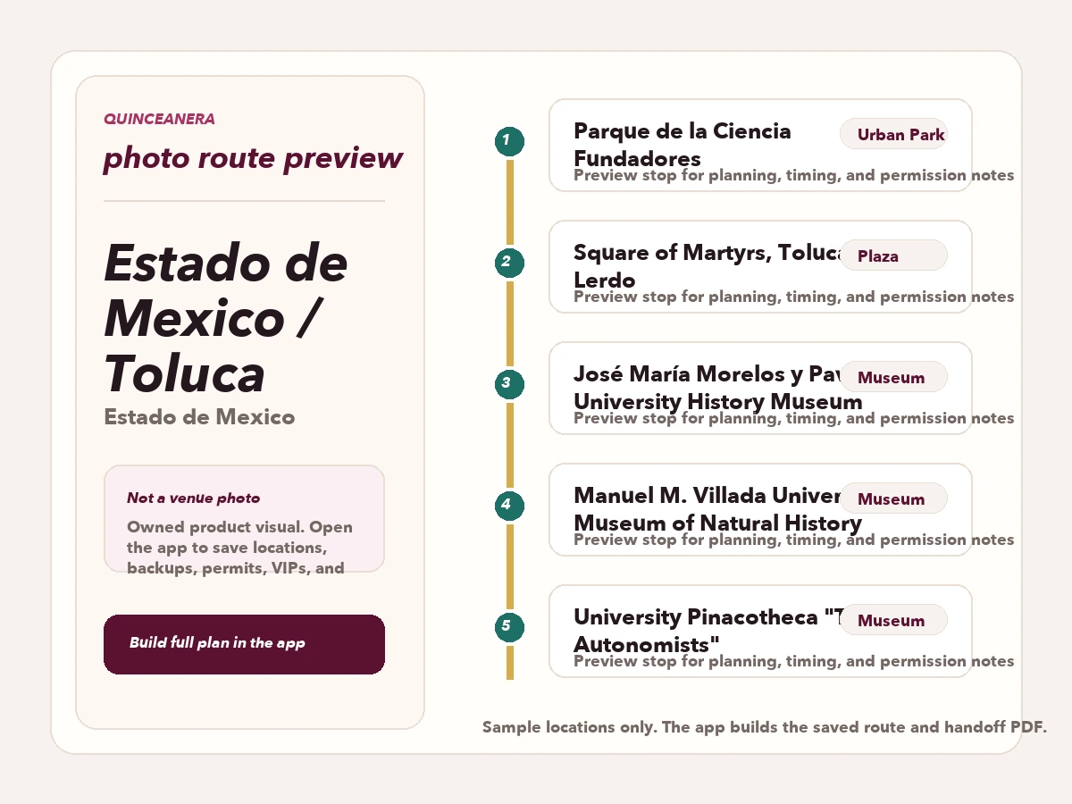 Route preview for quinceañera photo locations in Estado de Mexico / Toluca
