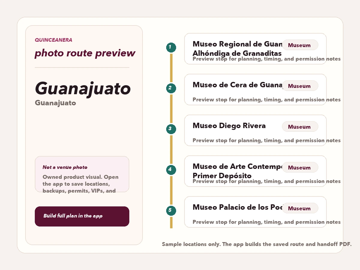 Route preview for quinceañera photo locations in Guanajuato