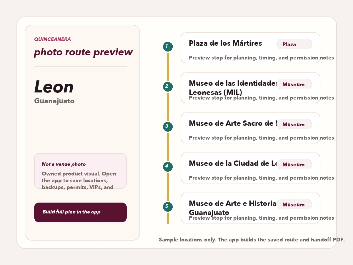 Route preview for quinceañera photo locations in Leon