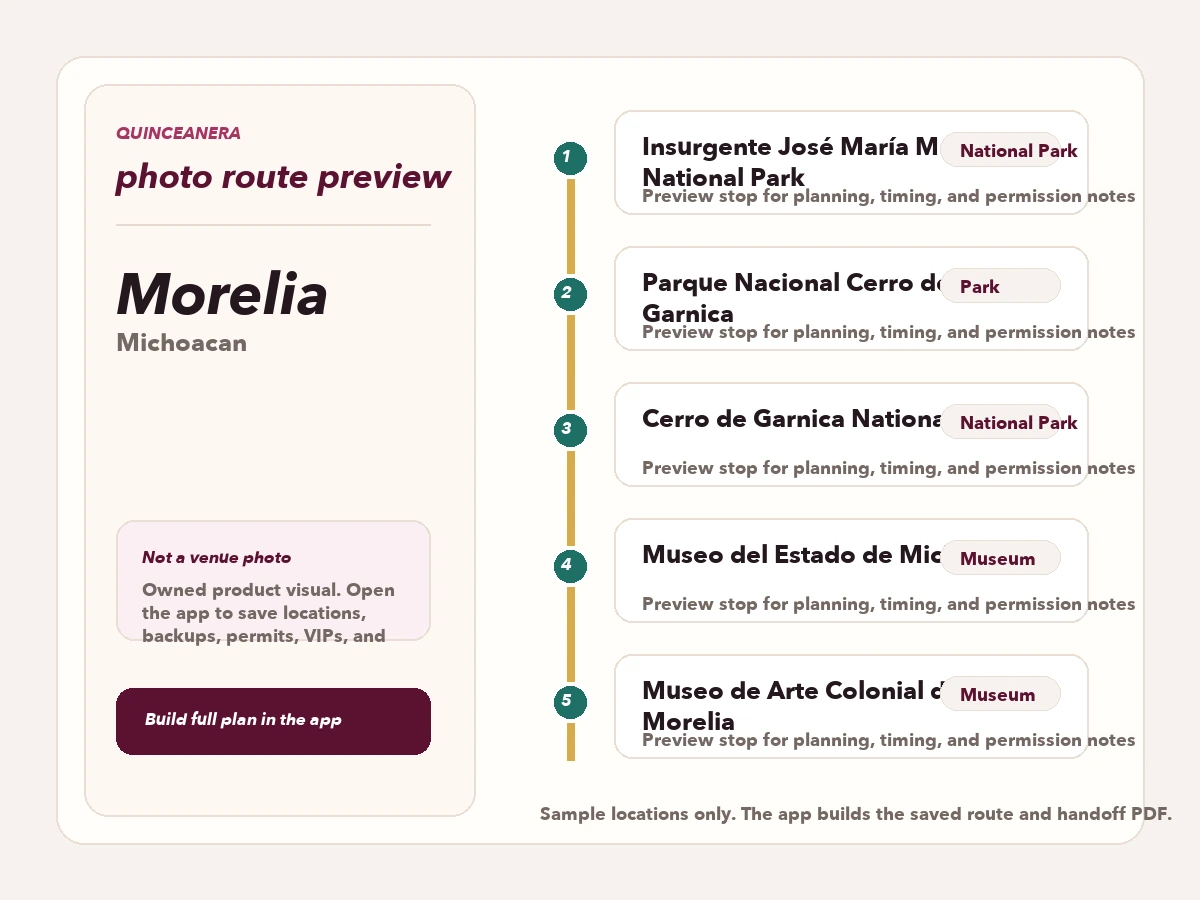 Vista previa de ruta para planear fotos de quinceañera en Morelia