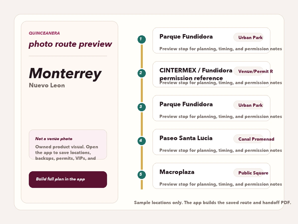 Route preview for quinceañera photo locations in Monterrey