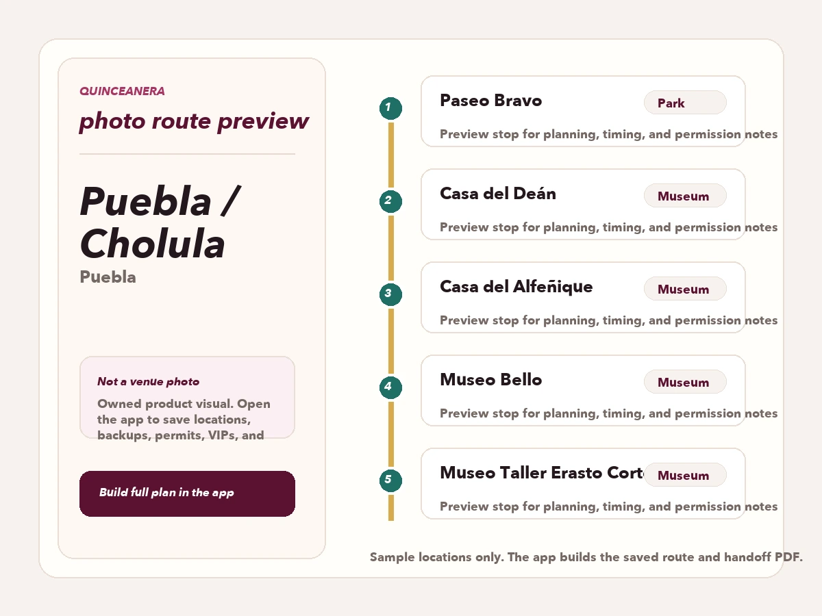 Vista previa de ruta para planear fotos de quinceañera en Puebla / Cholula