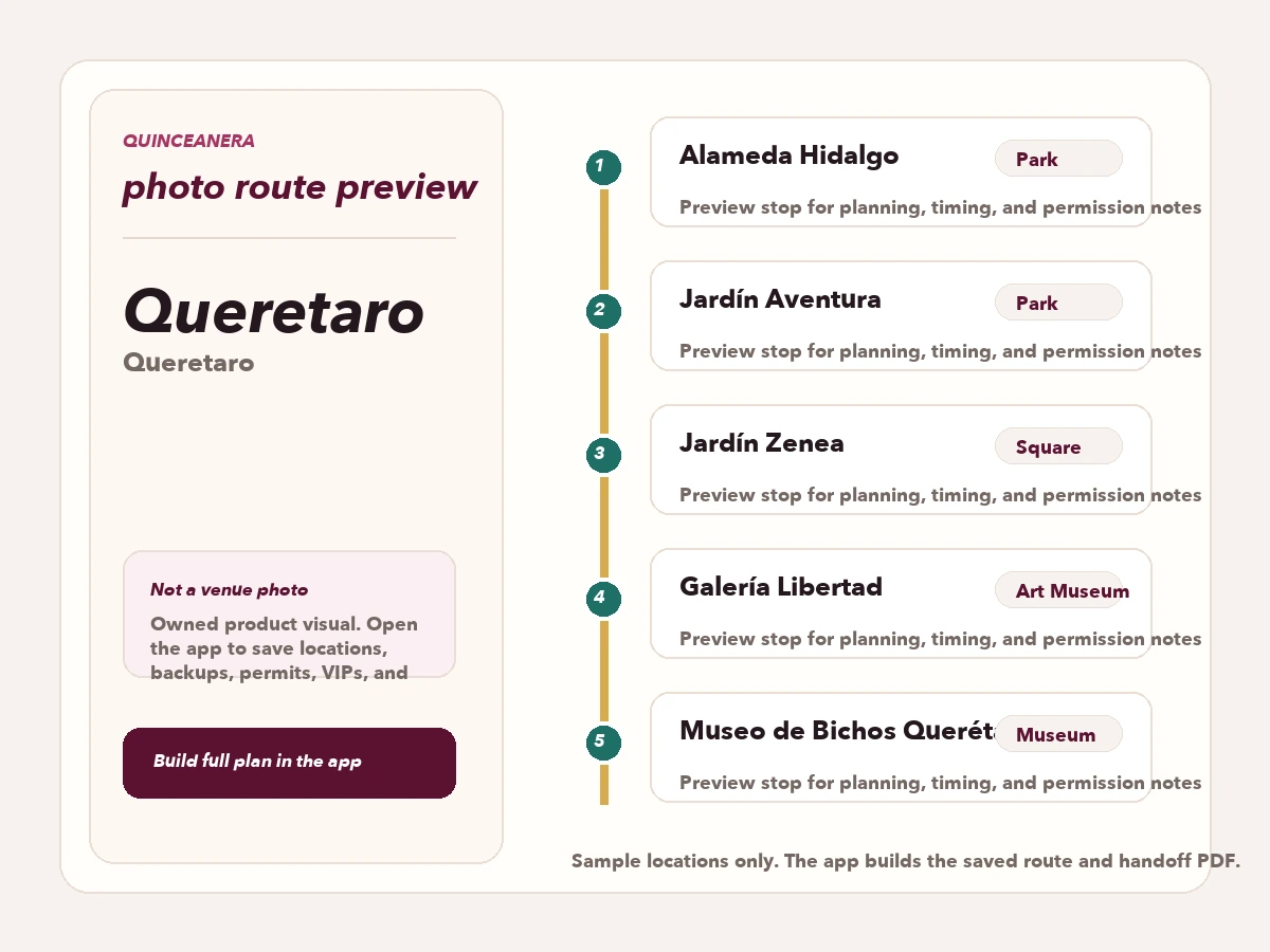 Vista previa de ruta para planear fotos de quinceañera en Queretaro