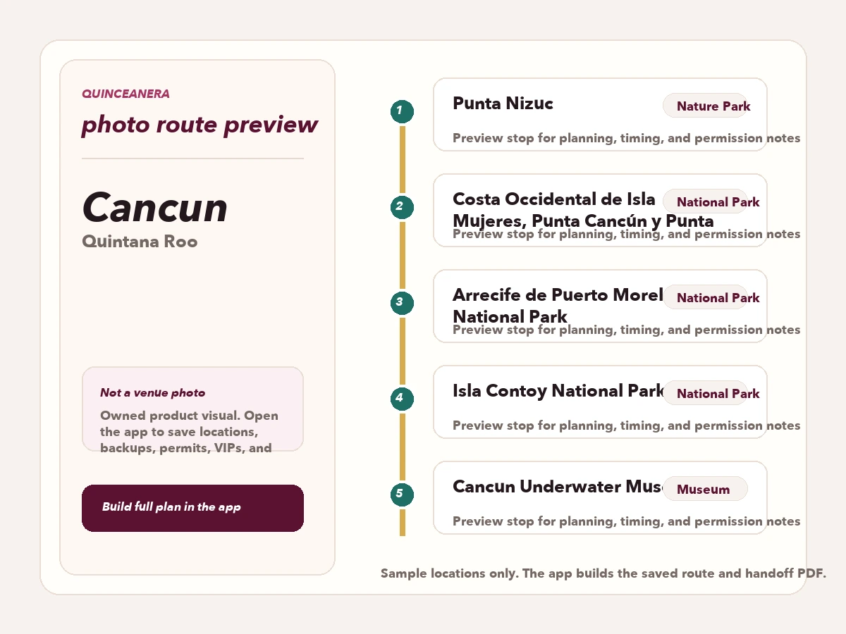 Route preview for quinceañera photo locations in Cancun