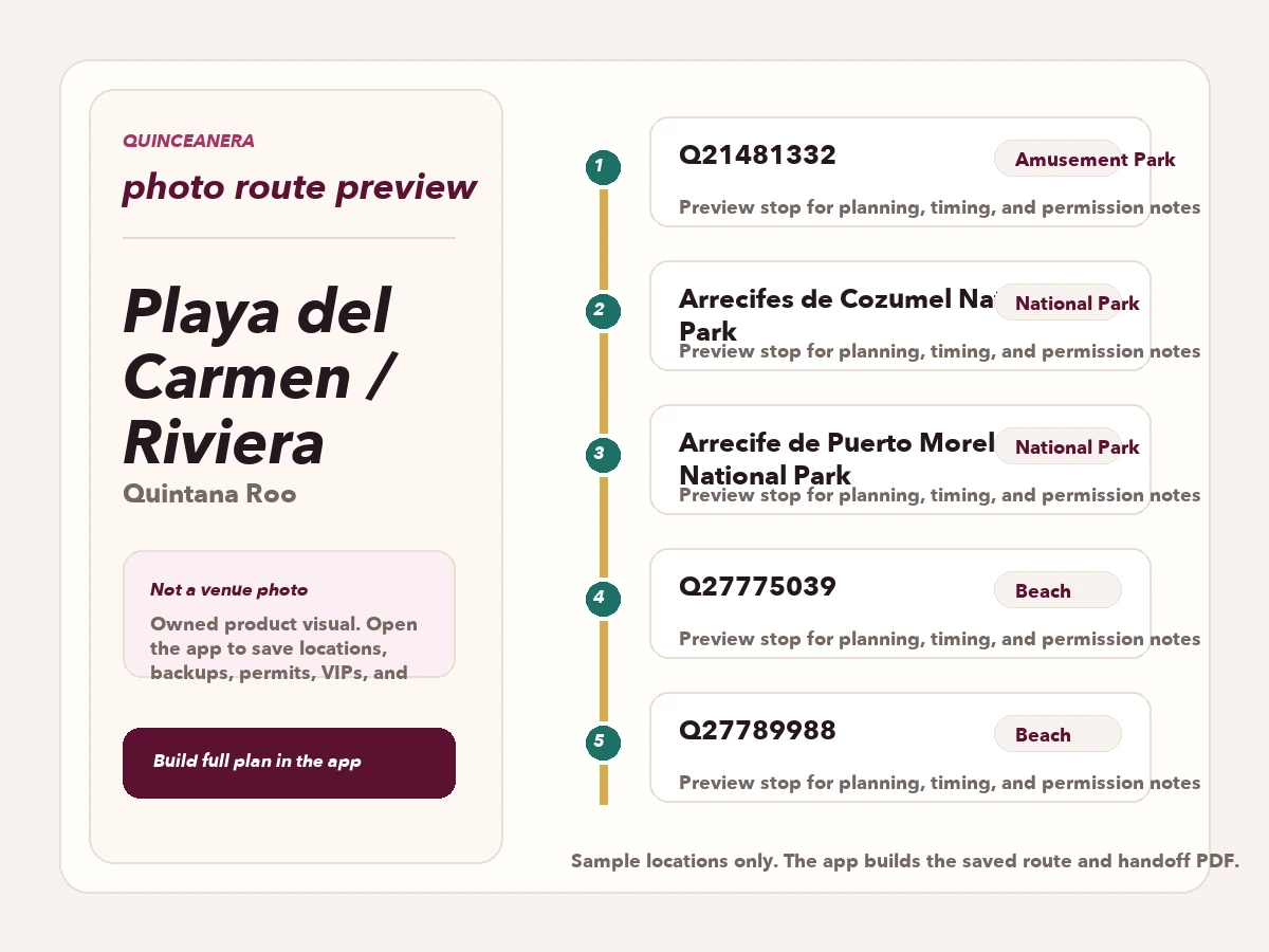Vista previa de ruta para planear fotos de quinceañera en Playa del Carmen / Riviera Maya