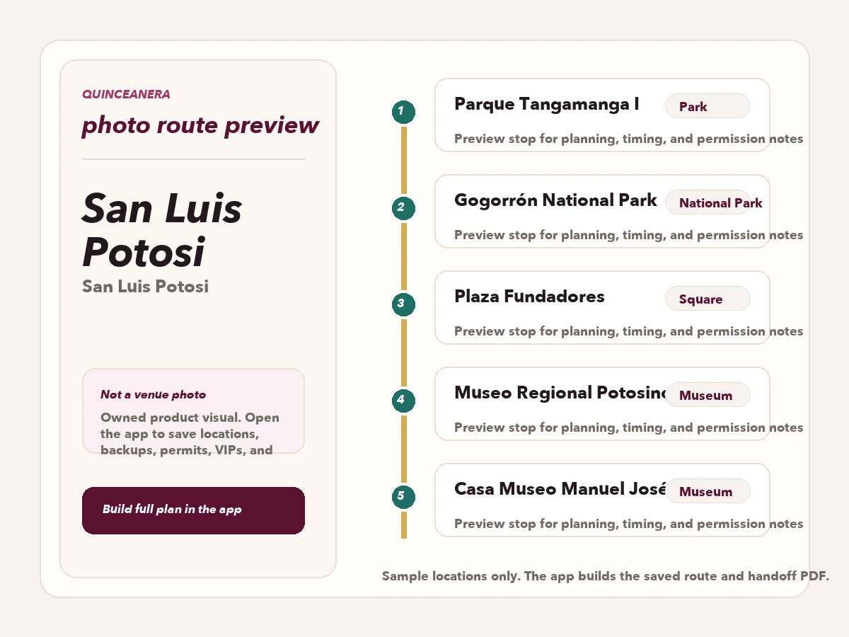 Route preview for quinceañera photo locations in San Luis Potosi