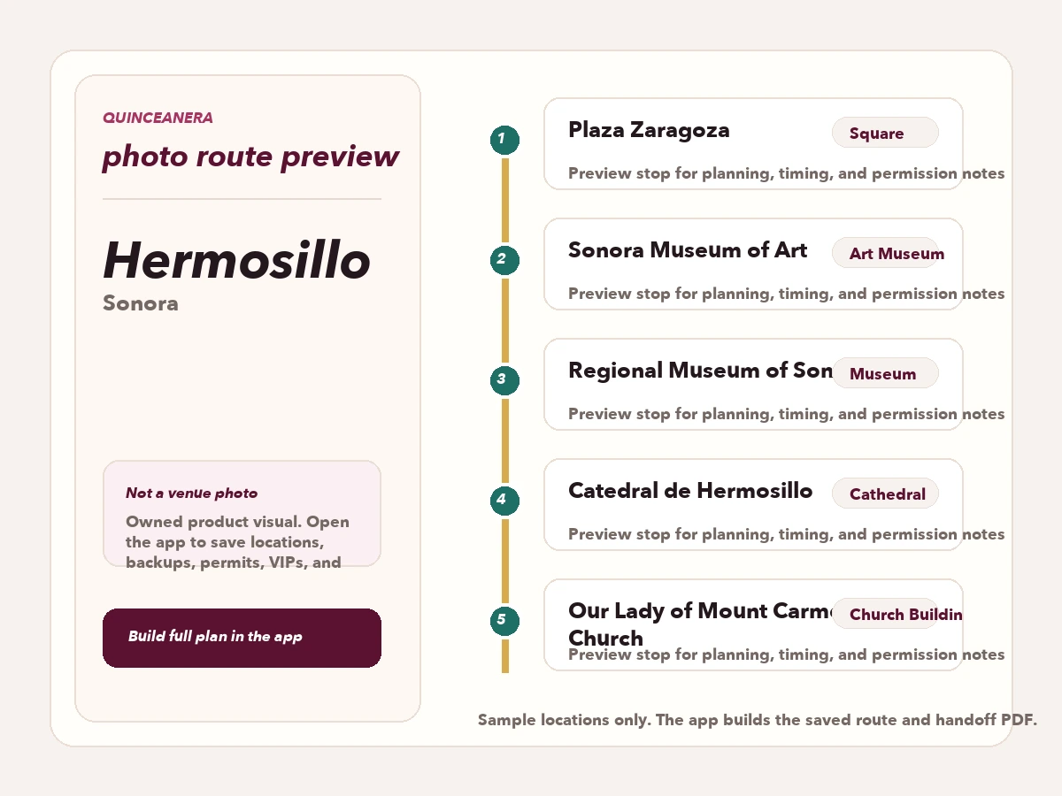 Route preview for quinceañera photo locations in Hermosillo