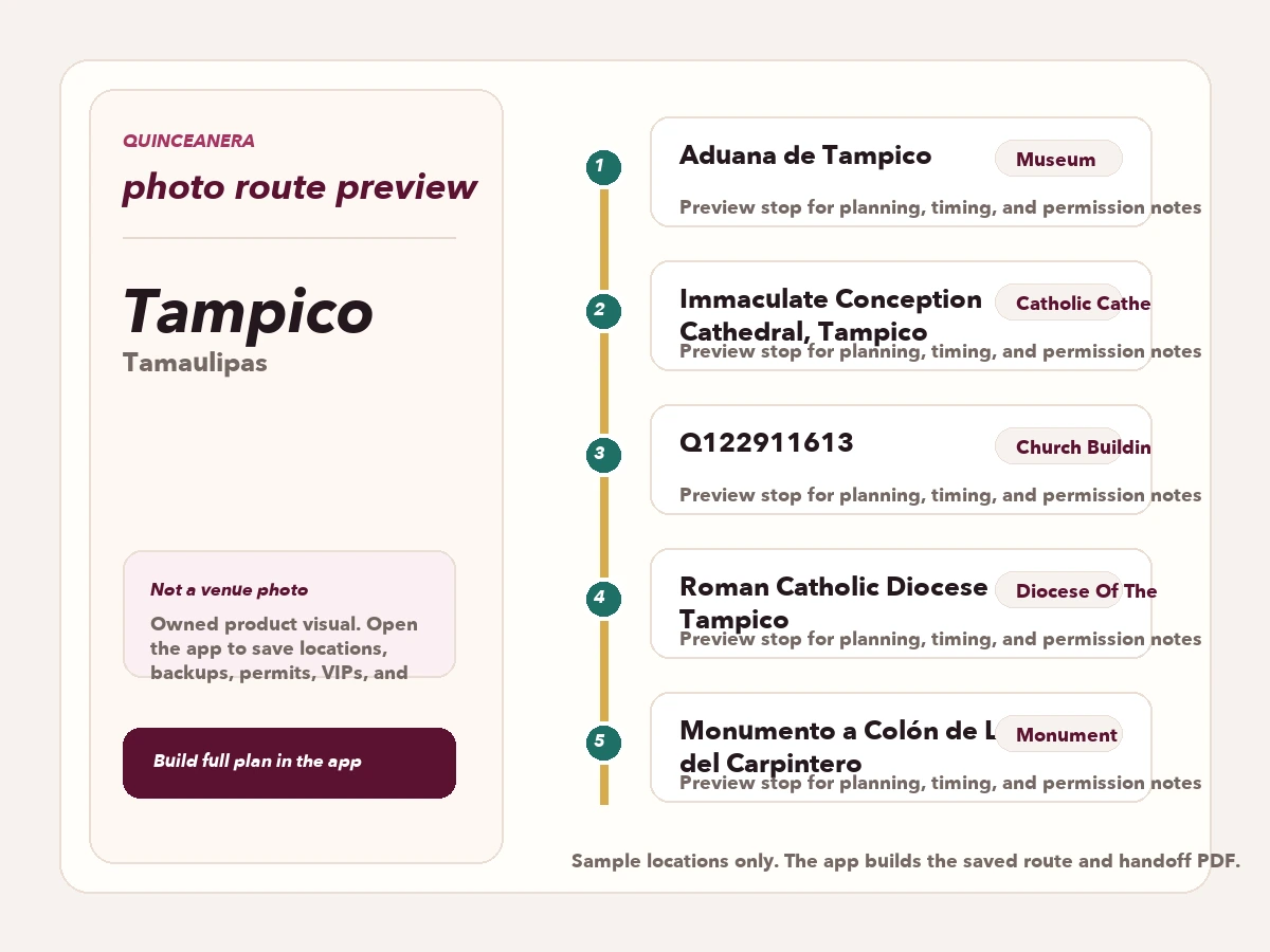Vista previa de ruta para planear fotos de quinceañera en Tampico