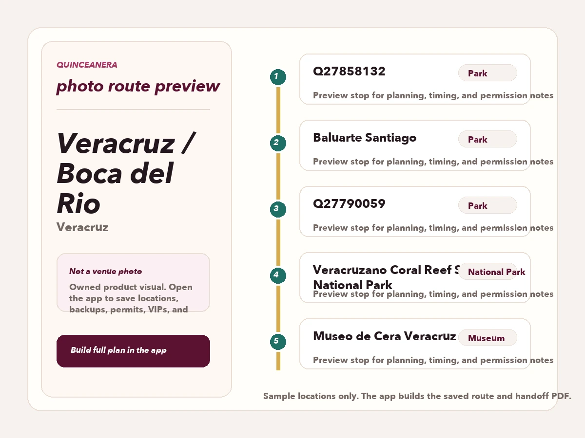 Route preview for quinceañera photo locations in Veracruz / Boca del Rio