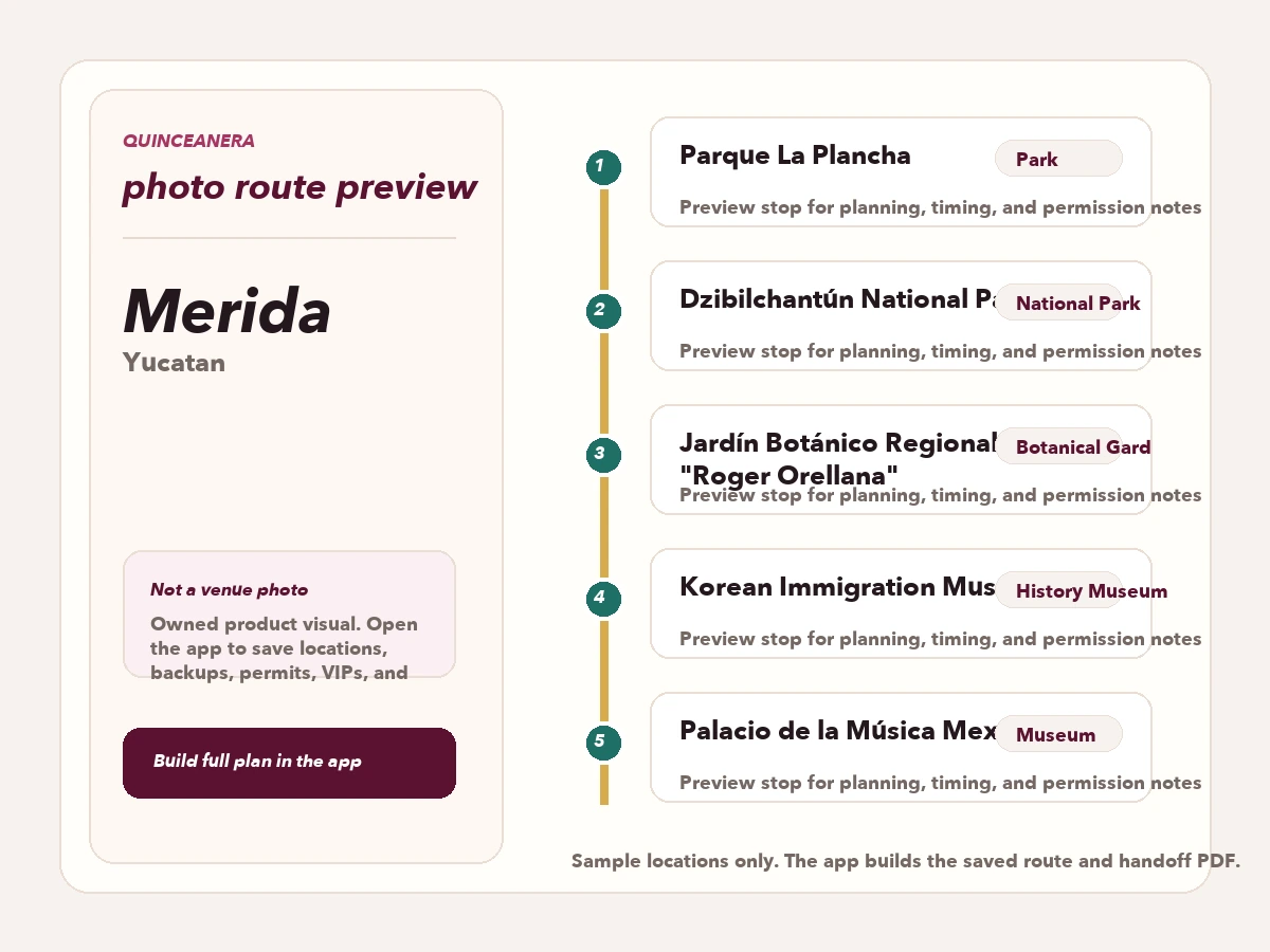Route preview for quinceañera photo locations in Merida
