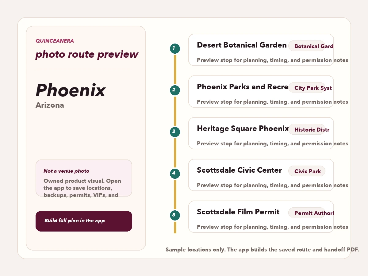 Vista previa de ruta para planear fotos de quinceañera en Phoenix