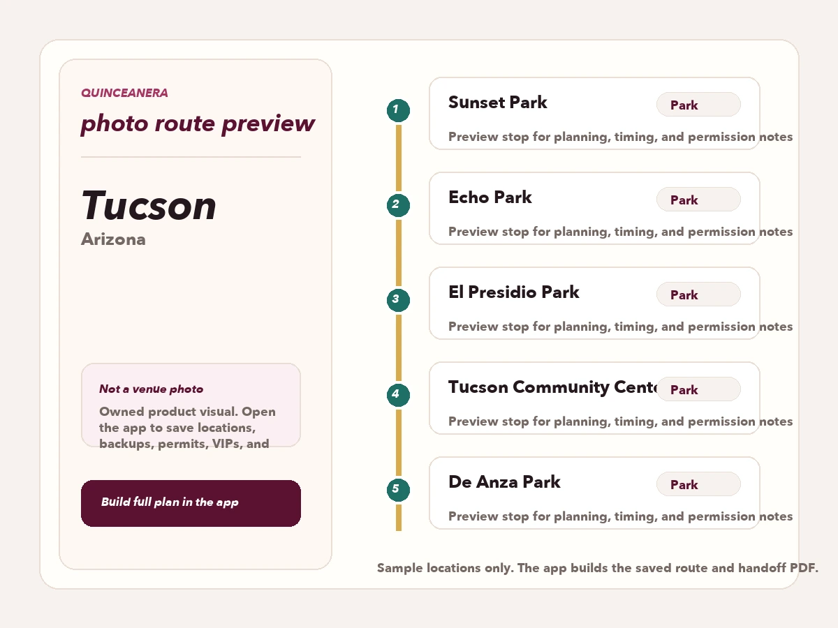 Route preview for quinceañera photo locations in Tucson