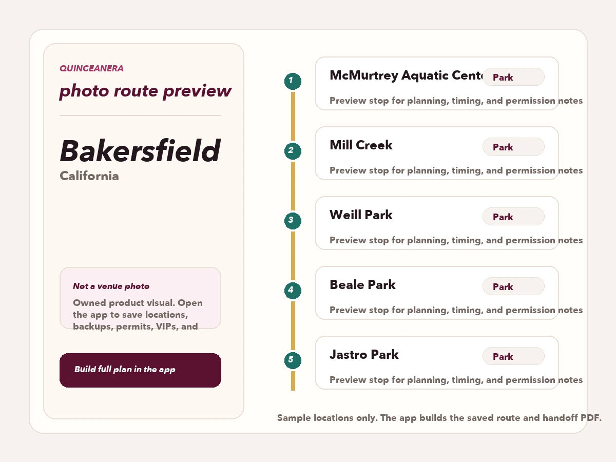 Route preview for quinceañera photo locations in Bakersfield