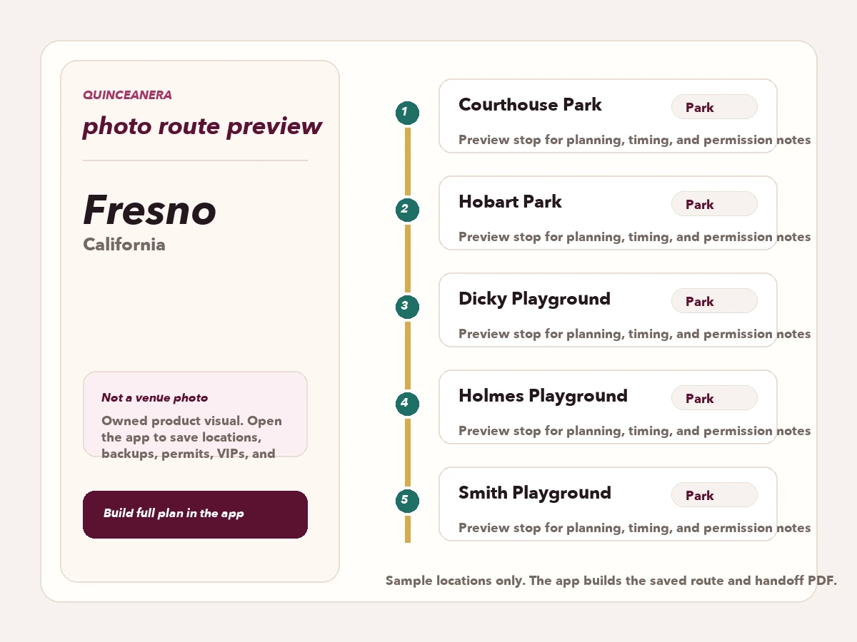 Route preview for quinceañera photo locations in Fresno