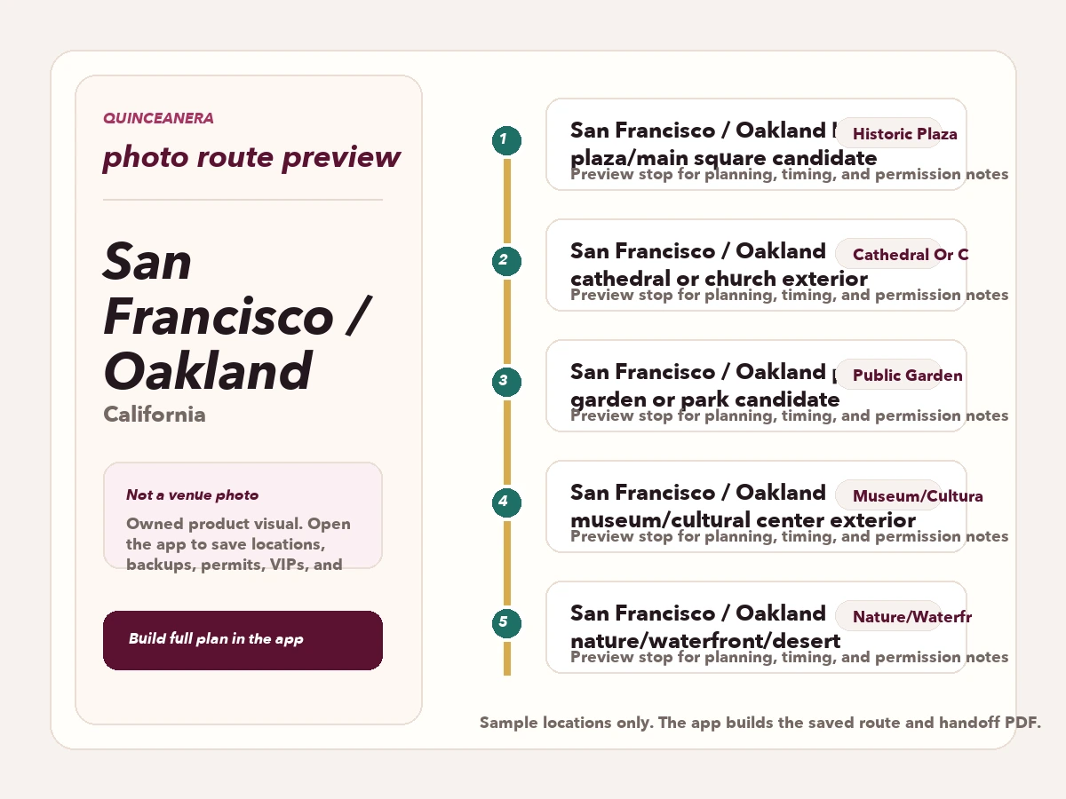 Route preview for quinceañera photo locations in San Francisco / Oakland