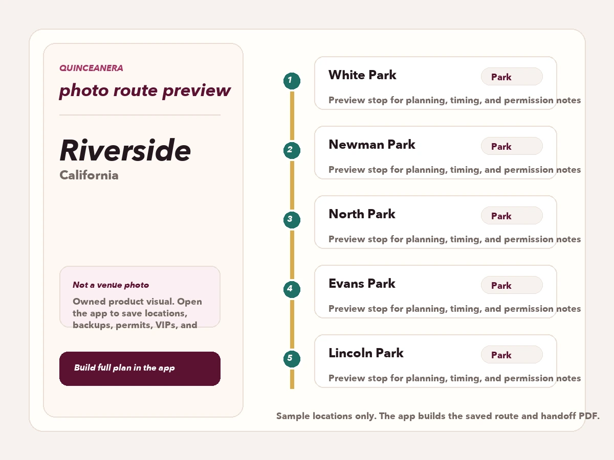 Route preview for quinceañera photo locations in Riverside