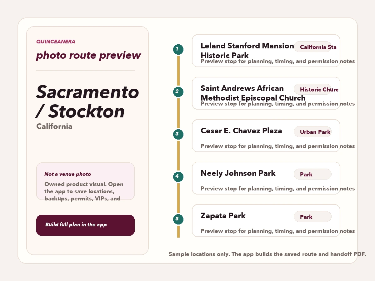Route preview for quinceañera photo locations in Sacramento / Stockton