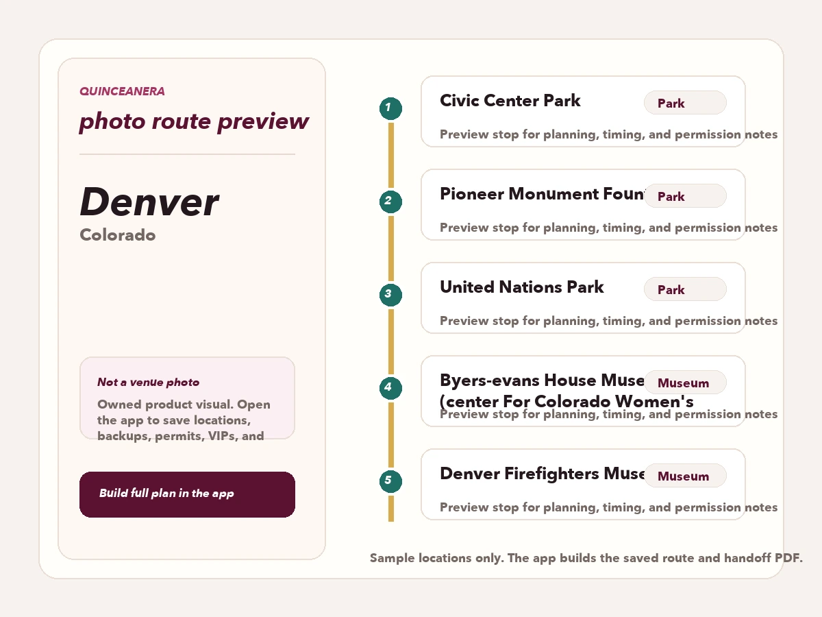 Route preview for quinceañera photo locations in Denver