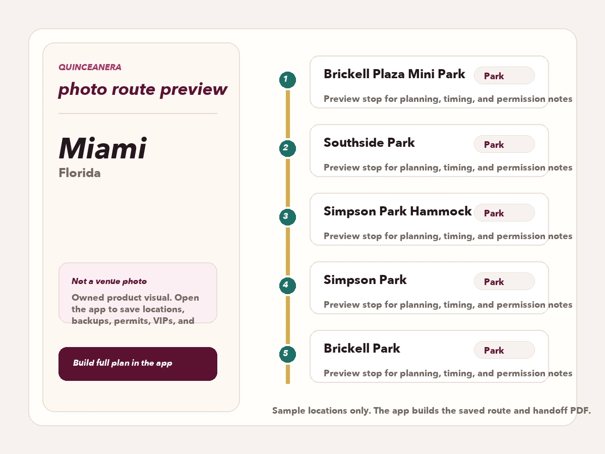 Route preview for quinceañera photo locations in Miami
