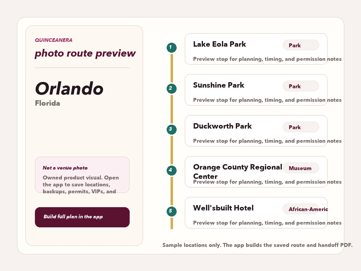 Route preview for quinceañera photo locations in Orlando