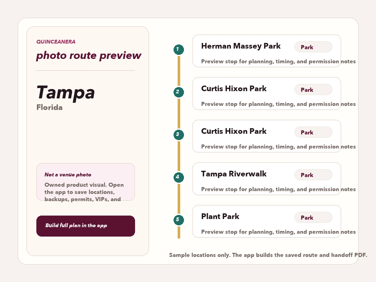 Route preview for quinceañera photo locations in Tampa