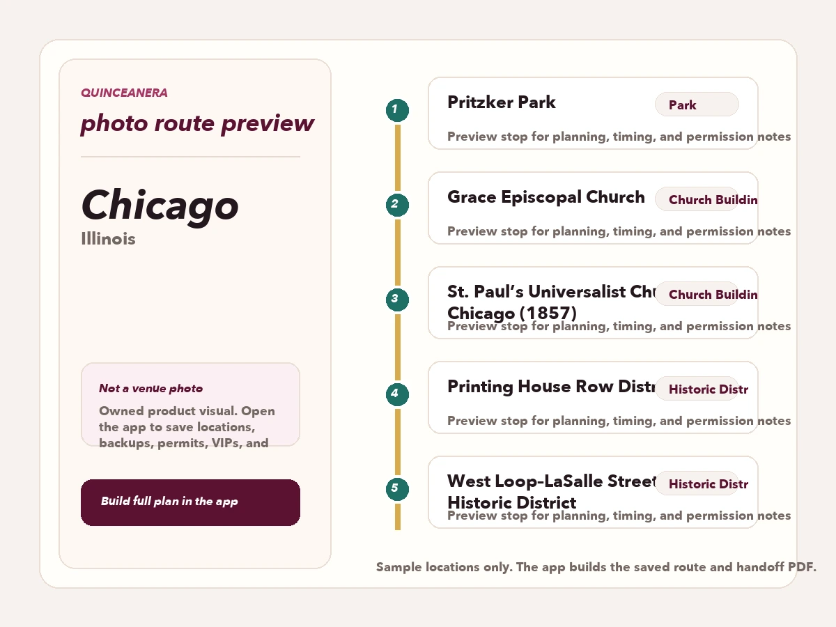 Route preview for quinceañera photo locations in Chicago