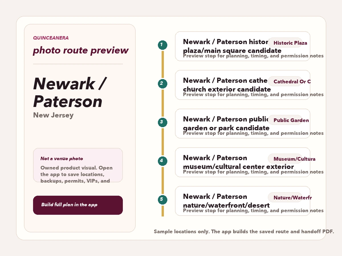 Vista previa de ruta para planear fotos de quinceañera en Newark / Paterson