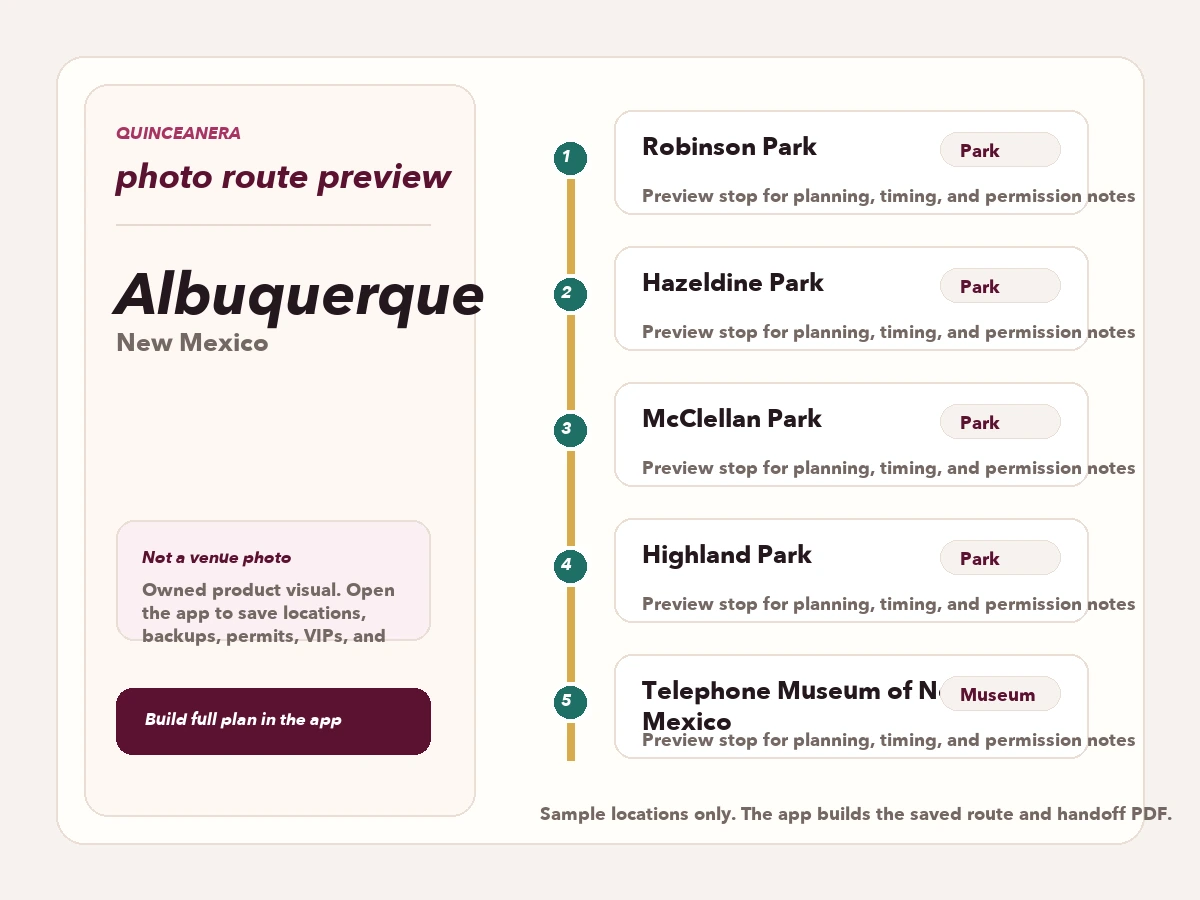 Route preview for quinceañera photo locations in Albuquerque