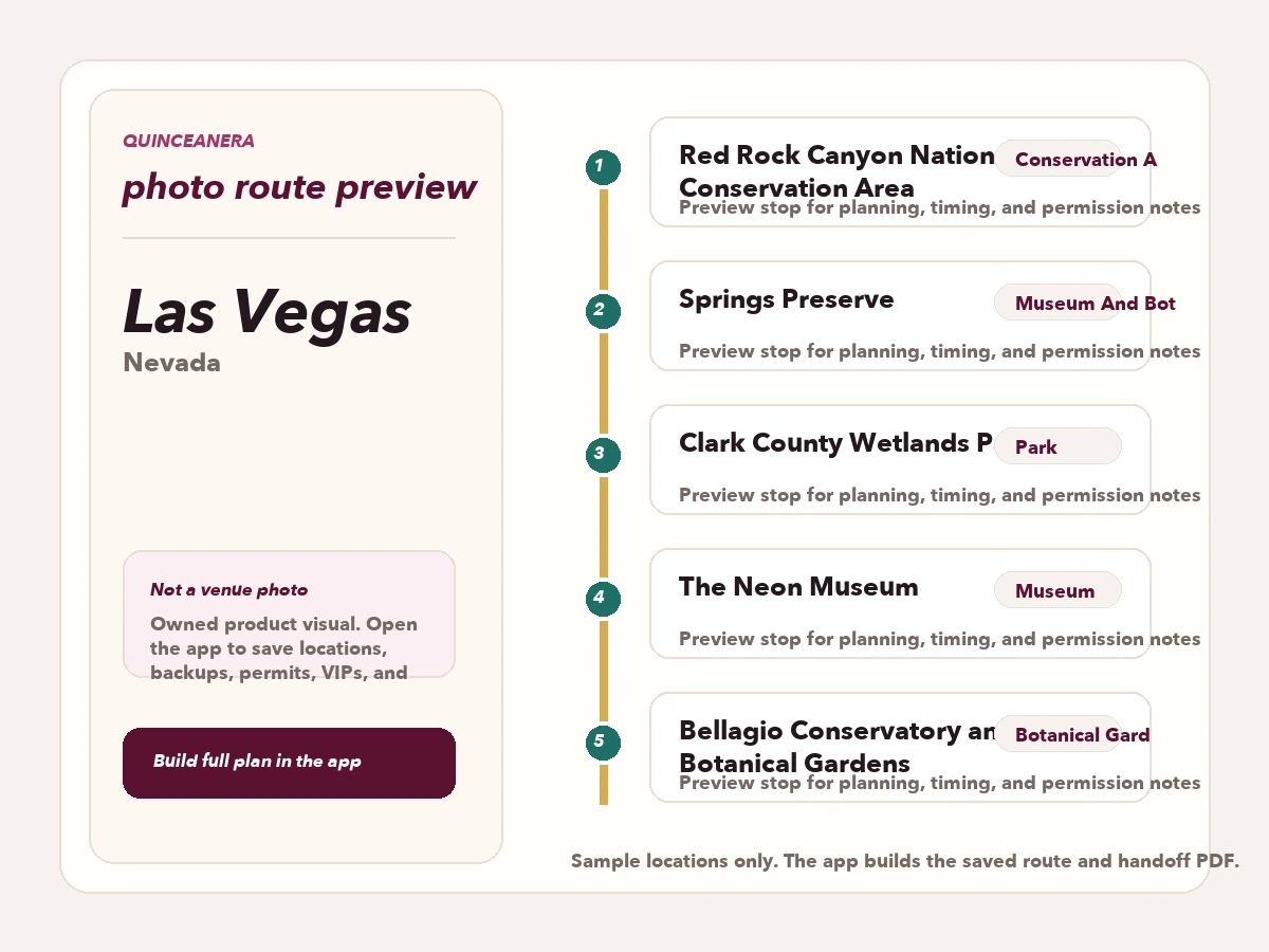Route preview for quinceañera photo locations in Las Vegas