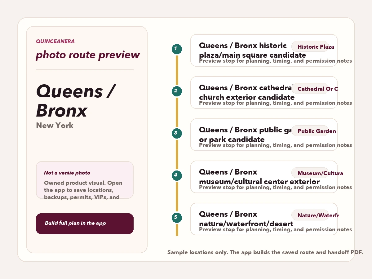 Route preview for quinceañera photo locations in Queens / Bronx