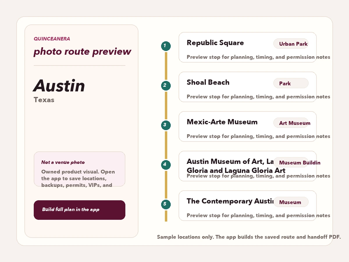 Route preview for quinceañera photo locations in Austin
