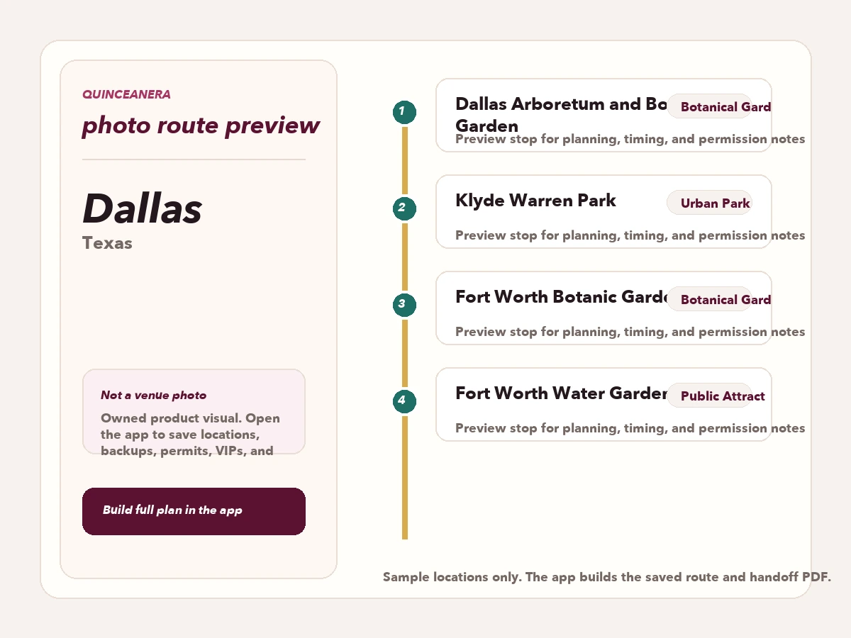 Route preview for quinceañera photo locations in Dallas