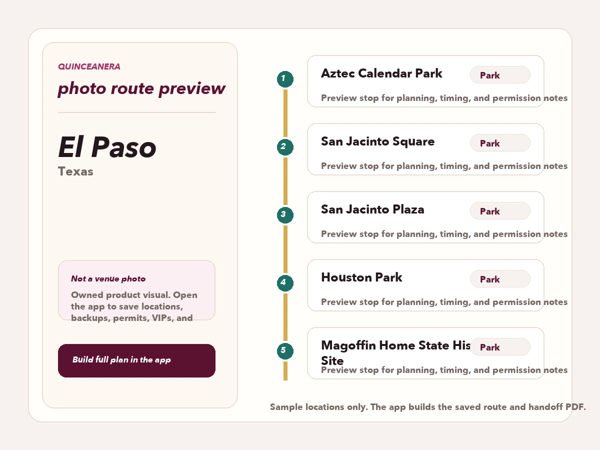 Route preview for quinceañera photo locations in El Paso