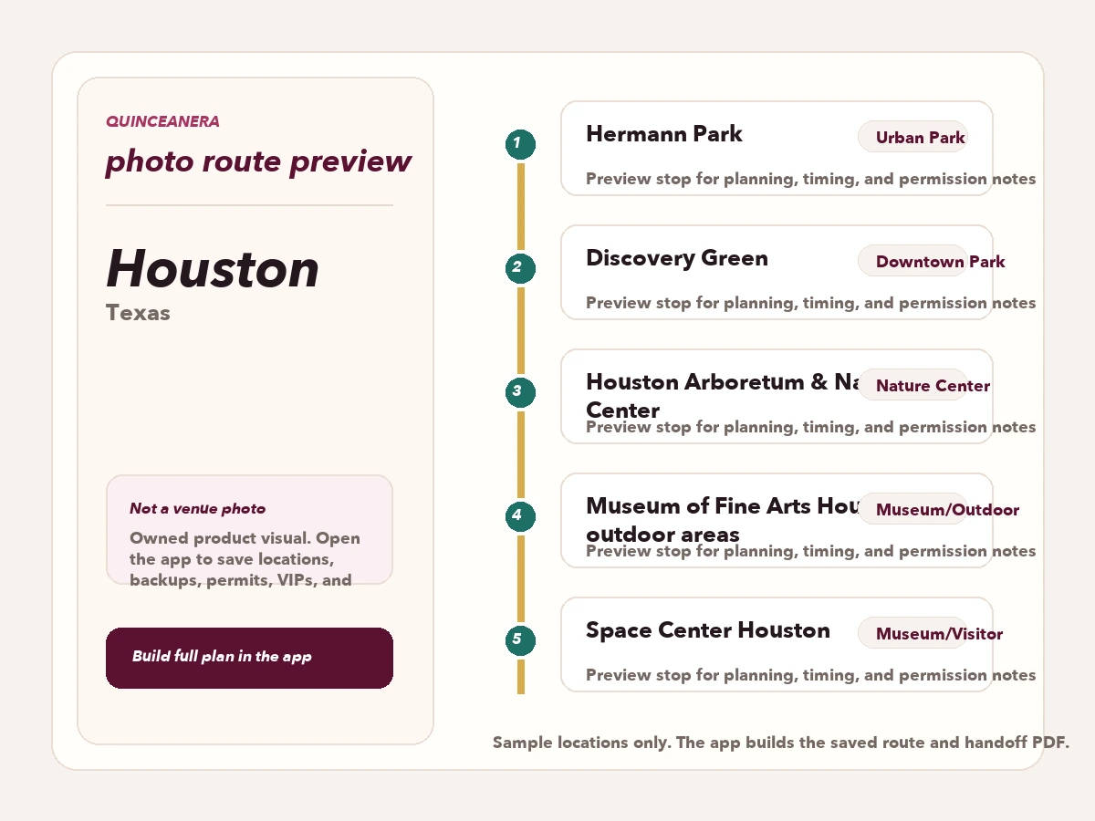 Route preview for quinceañera photo locations in Houston