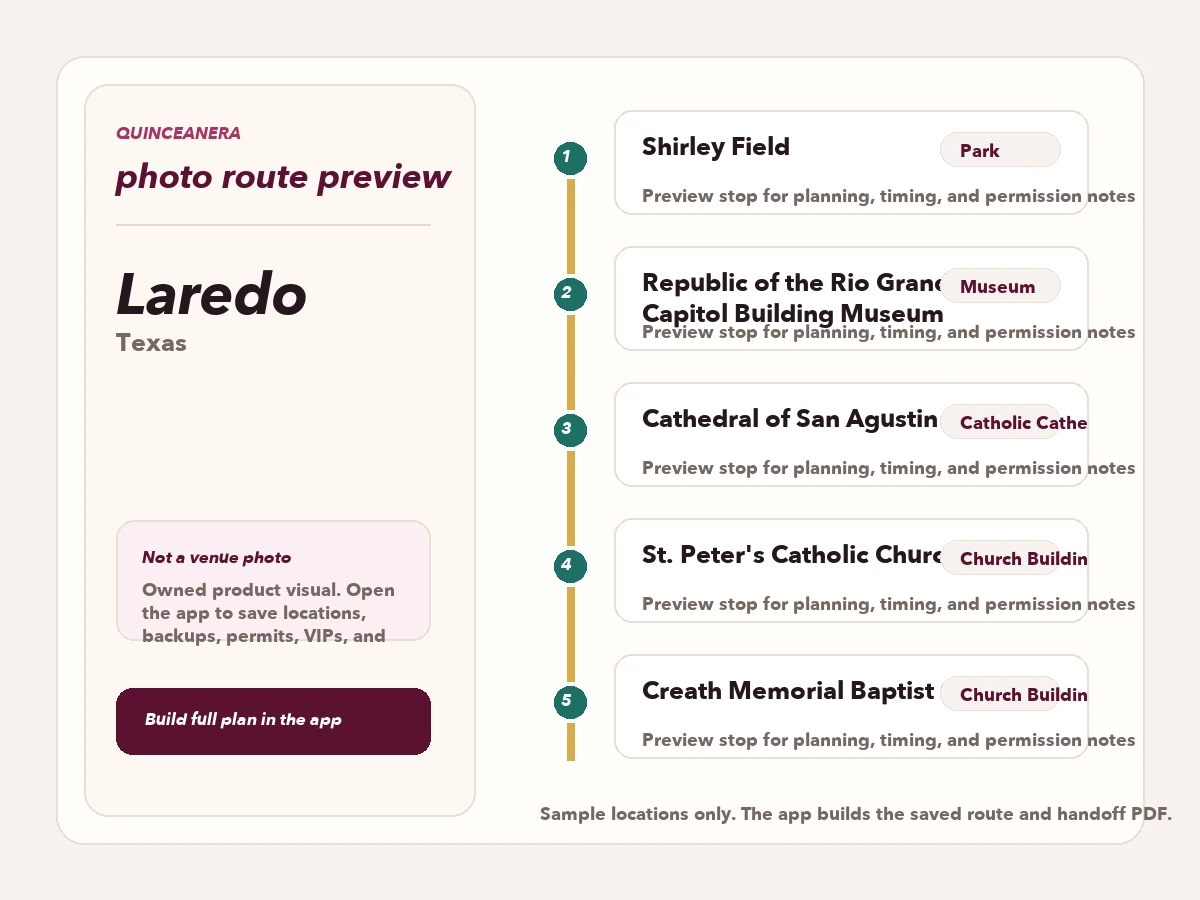 Vista previa de ruta para planear fotos de quinceañera en Laredo