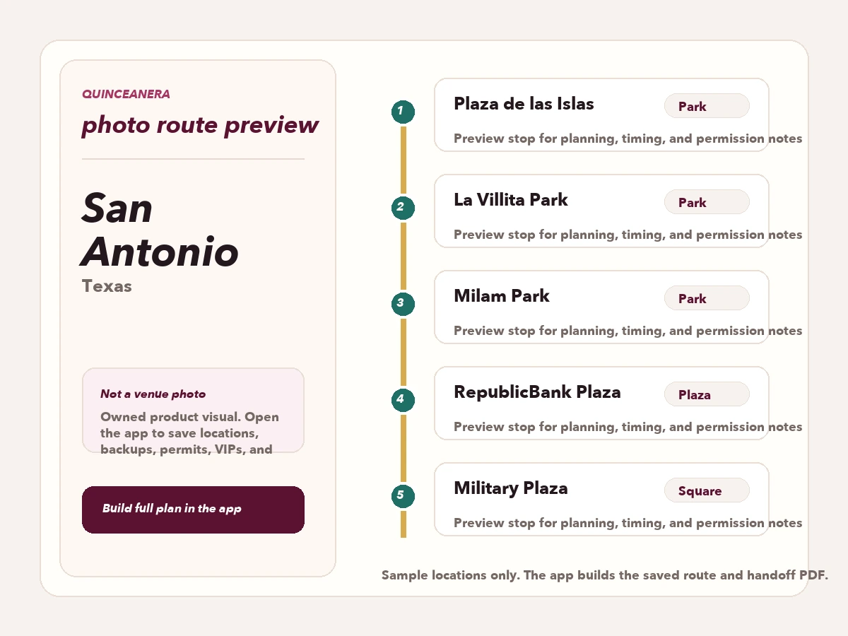Route preview for quinceañera photo locations in San Antonio