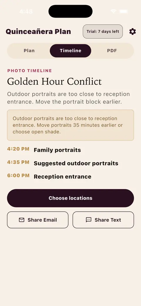 Vista previa de la herramienta de itinerario bilingüe de quinceañera en la app planificadora